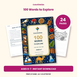 May include: A 24-page educational activity book titled ColorKiteKids 100 Words to Explore for ages 6-7. The dark blue cover features illustrations of a telescope, magnet, shell, violin, ladybug, pretzel, leaf, suitcase, flask, camel, sailboat, lighthouse, otter, and acorn.