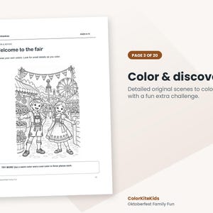 Pode incluir: Uma p&aacute;gina de colorir em preto e branco intitulada Welcome to the fair com duas crian&ccedil;as em trajes tradicionais numa feira com uma roda-gigante e bandeirolas. A p&aacute;gina inclui o texto ColorKiteKids, AGES 6-10 e um desafio de colorir.