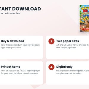 May include: A digital coloring and activity book titled Busy Wheels Big Jobs featuring a construction site with a yellow excavator and red dump truck. The cover includes the text 20 Printable Pages and Ages 6-10. This is a downloadable file.