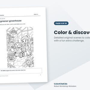 May include: A black and white coloring page titled A greener greenhouse featuring a robot watering flowers alongside a child. The page includes the text ColorKiteKids, AGES 6-10, and a prompt to imagine sounds in the scene at the bottom.