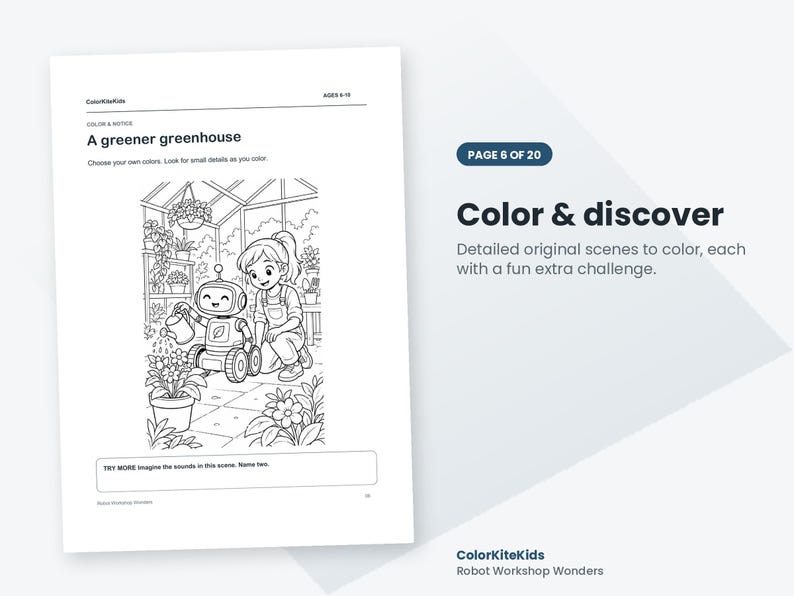 May include: A black and white coloring page titled A greener greenhouse featuring a robot watering flowers alongside a child. The page includes the text ColorKiteKids, AGES 6-10, and a prompt to imagine sounds in the scene at the bottom.