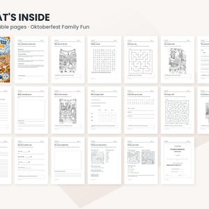 Pode incluir: Um livro de atividades digital intitulado Oktoberfest Family Fun contendo 20 p&aacute;ginas imprim&iacute;veis. A cole&ccedil;&atilde;o apresenta folhas de atividades em preto e branco, incluindo ca&ccedil;a-palavras, labirintos, p&aacute;ginas para colorir e exerc&iacute;cios de escrita.