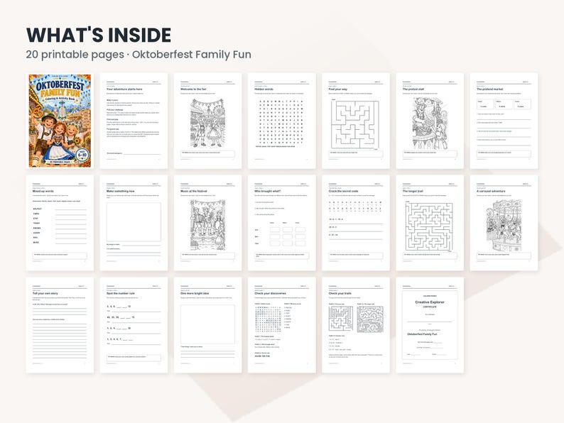 Pode incluir: Um livro de atividades digital intitulado Oktoberfest Family Fun contendo 20 p&aacute;ginas imprim&iacute;veis. A cole&ccedil;&atilde;o apresenta folhas de atividades em preto e branco, incluindo ca&ccedil;a-palavras, labirintos, p&aacute;ginas para colorir e exerc&iacute;cios de escrita.