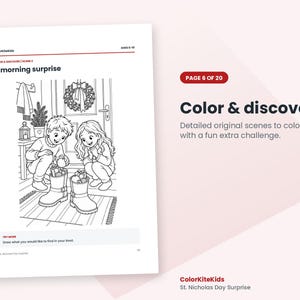 May include: A black and white coloring page titled A morning surprise featuring two children kneeling before two boots filled with gifts. The page includes the text ColorKiteKids, Ages 6-10, and a Try More section asking to draw what you would like to find in your boot.
