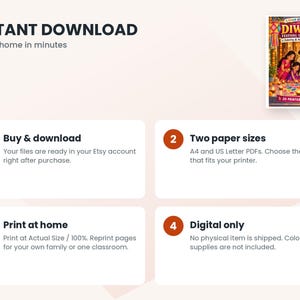 May include: A digital coloring and activity book titled Diwali Festival of Lights featuring an illustration of a family celebrating with diyas. The document includes instructions for downloading, printing on A4 or US Letter paper sizes.