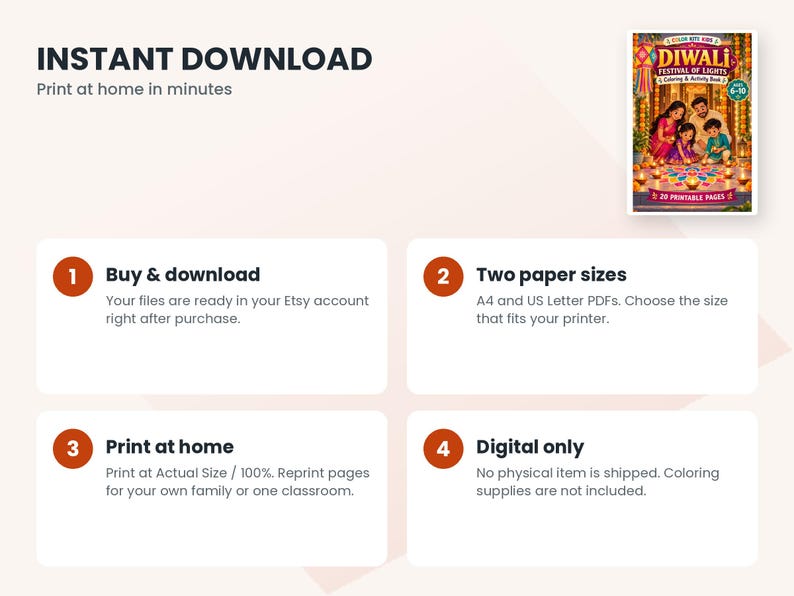 May include: A digital coloring and activity book titled Diwali Festival of Lights featuring an illustration of a family celebrating with diyas. The document includes instructions for downloading, printing on A4 or US Letter paper sizes.