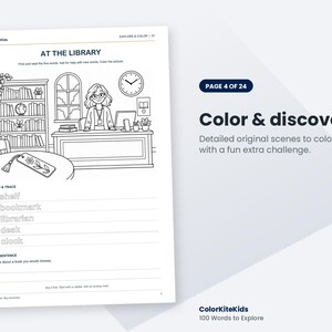 May include: A black and white colouring page titled AT THE LIBRARY featuring a librarian at a desk, a bookshelf, a clock, and a bookmark. Below the illustration are the words shelf, bookmark, librarian, desk, and clock for tracing.