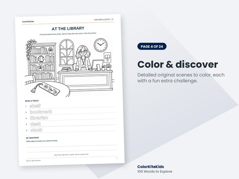 May include: A black and white colouring page titled AT THE LIBRARY featuring a librarian at a desk, a bookshelf, a clock, and a bookmark. Below the illustration are the words shelf, bookmark, librarian, desk, and clock for tracing.