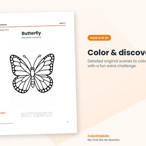 May include: A white coloring page titled Butterfly with a black line drawing of a monarch butterfly. The page includes the text ColorKiteKids, Ages 3-5, Color Me 7 of 8, Mariposa monarca, and a dotted outline of the word BUTTERFLY.