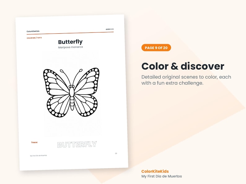 May include: A white coloring page titled Butterfly with a black line drawing of a monarch butterfly. The page includes the text ColorKiteKids, Ages 3-5, Color Me 7 of 8, Mariposa monarca, and a dotted outline of the word BUTTERFLY.