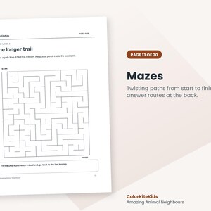 May include: A white activity sheet titled The longer trail, featuring a black-lined square maze with start and finish points. Text includes ColorKiteKids, AGES 8-10, and instructions to draw a path. The page is labeled Mazes, Page 13 of 20.