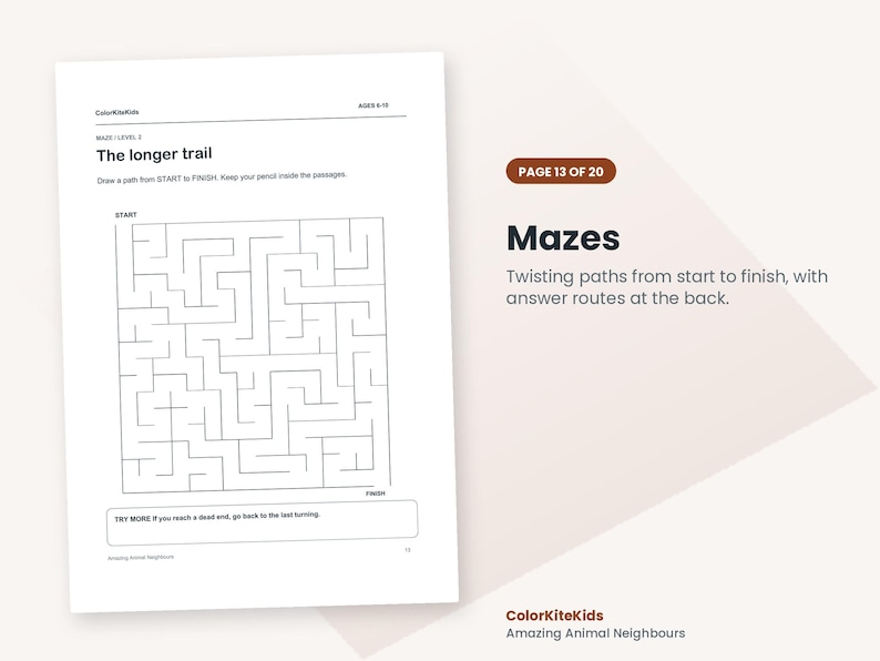 May include: A white activity sheet titled The longer trail, featuring a black-lined square maze with start and finish points. Text includes ColorKiteKids, AGES 8-10, and instructions to draw a path. The page is labeled Mazes, Page 13 of 20.