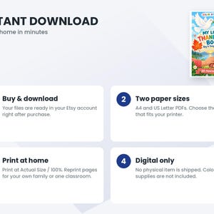 K&ouml;nnte beinhalten: Eine digitale Download-Anleitung f&uuml;r ein Malbuch mit dem Titel My Little Thank-You Book. Das Bild zeigt vier nummerierte Schritte, die den Prozess des Kaufens, Herunterladens, der Auswahl von A4- oder US-Letter-Formaten und des Druckens zu Hause erkl&auml;ren.