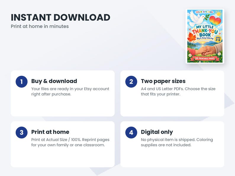 K&ouml;nnte beinhalten: Eine digitale Download-Anleitung f&uuml;r ein Malbuch mit dem Titel My Little Thank-You Book. Das Bild zeigt vier nummerierte Schritte, die den Prozess des Kaufens, Herunterladens, der Auswahl von A4- oder US-Letter-Formaten und des Druckens zu Hause erkl&auml;ren.