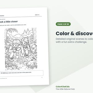 May include: A black and white coloring page titled Look a little closer featuring two children in a forest setting with backpacks, one using a magnifying glass to examine leaves on the ground, with a bird nearby and text prompts for coloring activities.