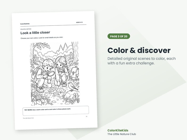 May include: A black and white coloring page titled Look a little closer featuring two children in a forest setting with backpacks, one using a magnifying glass to examine leaves on the ground, with a bird nearby and text prompts for coloring activities.