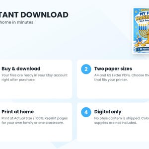 May include: A digital coloring book cover titled My First Hanukkah featuring a golden menorah, a blue and white dreidel, and a jelly donut. The graphic includes text stating 20 printable pages and ages 3-6, presented with four instructional steps.