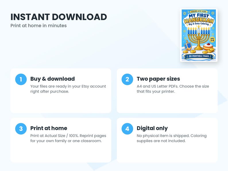 May include: A digital coloring book cover titled My First Hanukkah featuring a golden menorah, a blue and white dreidel, and a jelly donut. The graphic includes text stating 20 printable pages and ages 3-6, presented with four instructional steps.