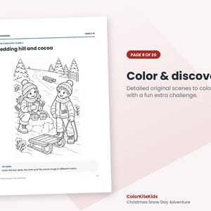 May include: A black and white colouring page titled Sledding hill and cocoa featuring two children in winter gear with sleds and mugs. The page includes the text Color & discover, Page 9 of 20, and instructions to colour the sleds, hats, and cocoa mugs.