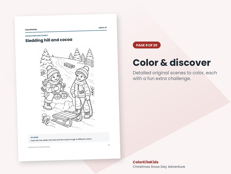 May include: A black and white colouring page titled Sledding hill and cocoa featuring two children in winter gear with sleds and mugs. The page includes the text Color & discover, Page 9 of 20, and instructions to colour the sleds, hats, and cocoa mugs.