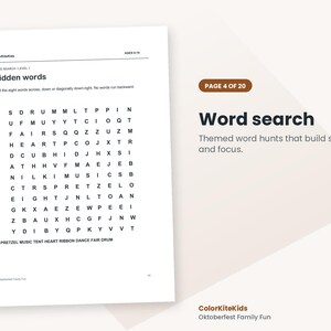 Pode incluir: Uma folha de atividades de ca&ccedil;a-palavras intitulada Hidden words, apresentando uma grade de letras pretas em um fundo branco. Abaixo da grade, as palavras PRETZEL, MUSIC, TENT, HEART, RIBBON, DANCE, FAIR e DRUM est&atilde;o listadas.