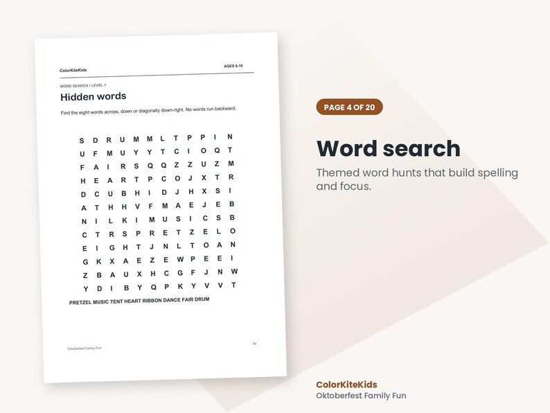 Pode incluir: Uma folha de atividades de ca&ccedil;a-palavras intitulada Hidden words, apresentando uma grade de letras pretas em um fundo branco. Abaixo da grade, as palavras PRETZEL, MUSIC, TENT, HEART, RIBBON, DANCE, FAIR e DRUM est&atilde;o listadas.