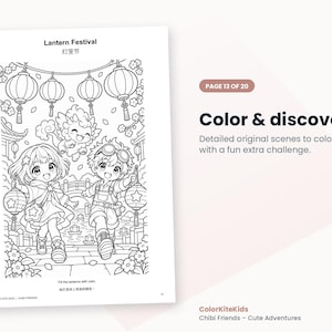 Op de afbeelding: Een zwart-wit kleurplaat getiteld Lantern Festival met twee chibi-personages die lantaarns vasthouden, een klein wezen en een brug. De tekst luidt Page 13 of 20, Color & discover, Detailed original scenes to color, each with a fun extra challenge, en ColorKiteKids Chibi Friends - Cute Adventures.