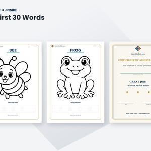 K&ouml;nnte beinhalten: Drei p&auml;dagogische Aktivit&auml;tsseiten mit dem Titel My First 30 Words. Zwei Seiten zeigen schwarz-wei&szlig;e Strichzeichnungen einer Biene und eines Frosches mit Text zum Nachspuren. Die dritte Seite ist ein goldenes Erfolgszertifikat.