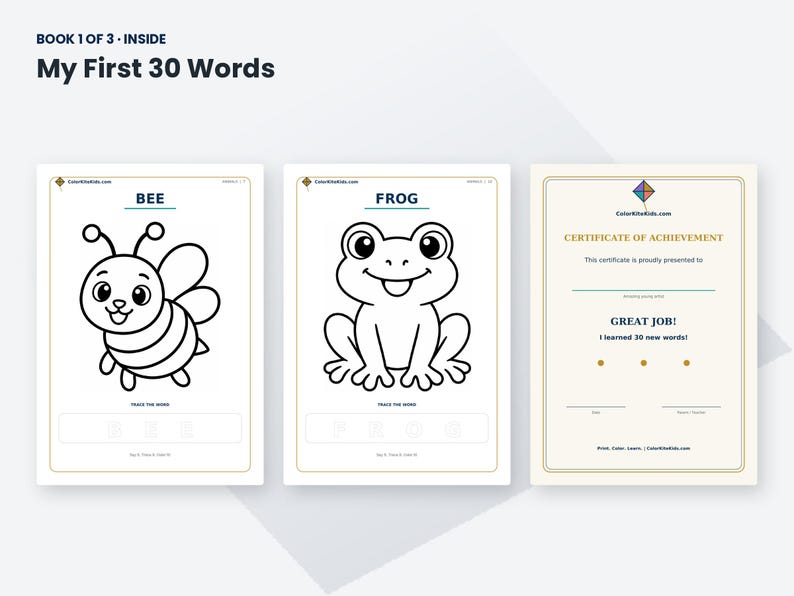 K&ouml;nnte beinhalten: Drei p&auml;dagogische Aktivit&auml;tsseiten mit dem Titel My First 30 Words. Zwei Seiten zeigen schwarz-wei&szlig;e Strichzeichnungen einer Biene und eines Frosches mit Text zum Nachspuren. Die dritte Seite ist ein goldenes Erfolgszertifikat.