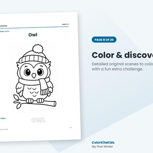 May include: A black and white coloring page titled Owl featuring a cartoon owl wearing a winter hat and scarf perched on a branch. The page includes the text ColorKiteKids, Ages 3-6, Page 8 of 20, Color & discover, and the word OWL to trace.