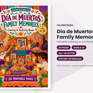 May include: A coloring and activity book titled D&iacute;a de Muertos Family Memories for ages 6-10. The cover features an illustration of a family setting up an altar with marigolds, candles, framed photos, and bread, with 20 printable pages.