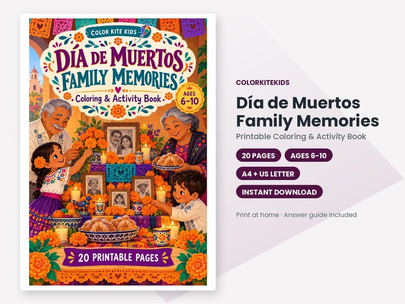 May include: A coloring and activity book titled D&iacute;a de Muertos Family Memories for ages 6-10. The cover features an illustration of a family setting up an altar with marigolds, candles, framed photos, and bread, with 20 printable pages.