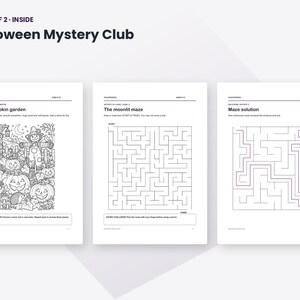 May include: Three pages from the Halloween Mystery Club activity book. The first page features a pumpkin garden coloring scene with a scarecrow. The second page shows a moonlit maze puzzle. The third page displays the maze solution.