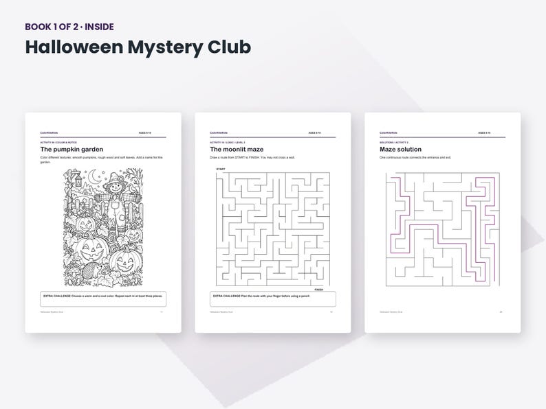 May include: Three pages from the Halloween Mystery Club activity book. The first page features a pumpkin garden coloring scene with a scarecrow. The second page shows a moonlit maze puzzle. The third page displays the maze solution.