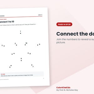 May include: A white activity sheet titled Connect 1 to 10 featuring black dots numbered 1 through 10 arranged in a star shape. The page includes instructions to draw lines between numbers and a prompt to color the shape yellow and add a face.