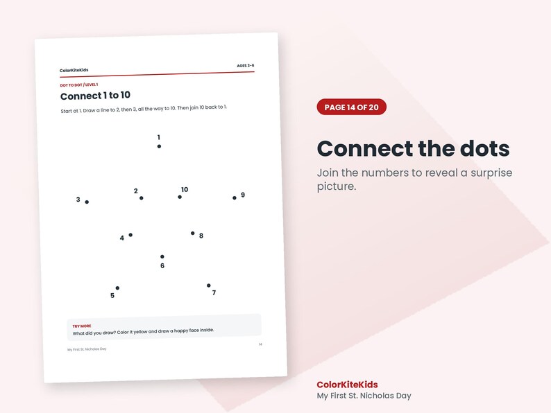 May include: A white activity sheet titled Connect 1 to 10 featuring black dots numbered 1 through 10 arranged in a star shape. The page includes instructions to draw lines between numbers and a prompt to color the shape yellow and add a face.