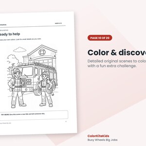 May include: A black and white coloring page titled Ready to help featuring two firefighters standing in front of a fire truck and station. The page includes the text ColorKiteKids, AGES 6-10, and a prompt to give the scene a new title.