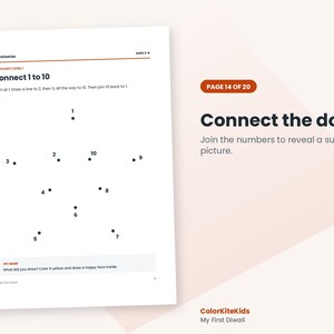 May include: A white activity page titled Connect 1 to 10 with black dots numbered one through ten arranged in a star shape. The text includes instructions to join the numbers, a try more section, and the brand name ColorKiteKids My First Diwali.