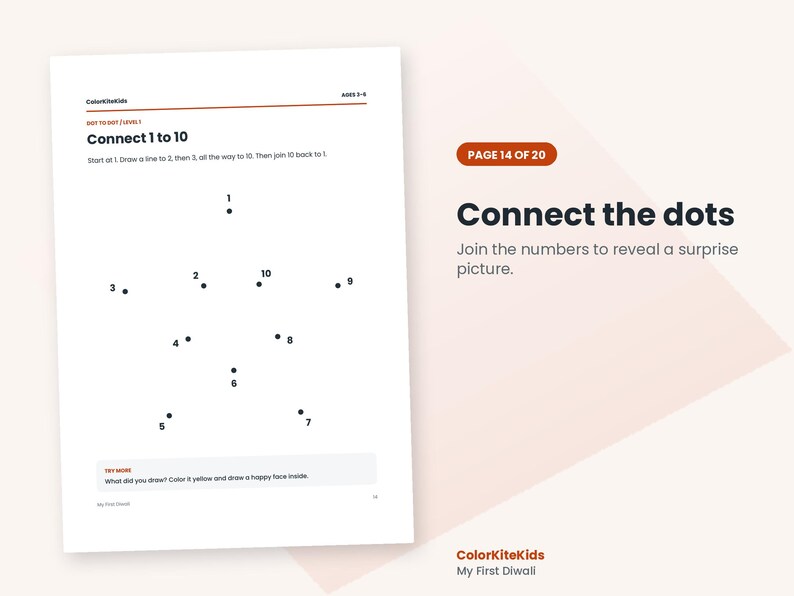 May include: A white activity page titled Connect 1 to 10 with black dots numbered one through ten arranged in a star shape. The text includes instructions to join the numbers, a try more section, and the brand name ColorKiteKids My First Diwali.