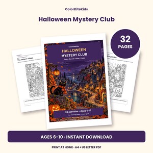 May include: A Halloween Mystery Club activity book with 32 pages for ages 6-10. The cover features a black cat in a scarf, glowing jack-o'-lanterns, and a village scene. Includes 24 activities, two challenge levels, and an answer guide.