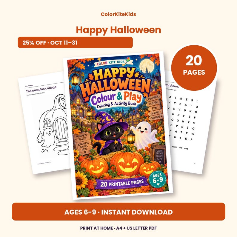 May include: A 20-page Happy Halloween Colour & Play coloring and activity book for ages 6-9. The cover features a black cat in a purple witch hat, a ghost, and jack-o'-lanterns. Includes printable pages in A4 and US Letter PDF formats.