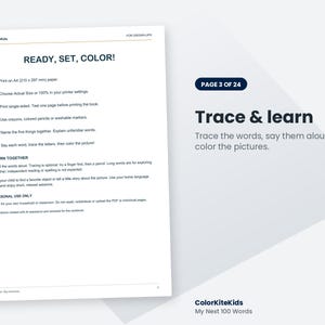 Pode incluir: Uma p&aacute;gina de instru&ccedil;&otilde;es branca intitulada READY, SET, COLOR! com diretrizes numeradas para impress&atilde;o em papel A4 210 x 297 mm. O documento inclui se&ccedil;&otilde;es para LEARN TOGETHER e PERSONAL USE ONLY, junto com o texto Trace & learn e ColorKiteKids.