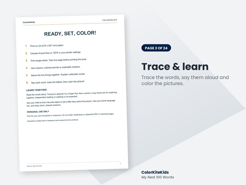 Pode incluir: Uma p&aacute;gina de instru&ccedil;&otilde;es branca intitulada READY, SET, COLOR! com diretrizes numeradas para impress&atilde;o em papel A4 210 x 297 mm. O documento inclui se&ccedil;&otilde;es para LEARN TOGETHER e PERSONAL USE ONLY, junto com o texto Trace & learn e ColorKiteKids.