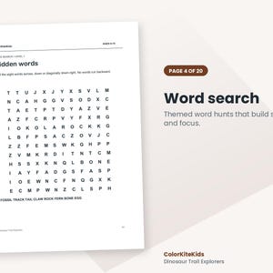 May include: A white activity sheet titled Hidden words with a grid of black letters for a word search puzzle. Below the grid, the words FOSSIL, TRACK, TAIL, CLAW, ROCK, FERN, BONE, and EGG are listed. The page includes the text ColorKiteKids, AGES 8-10, and Dinosaur Trail Explorers.