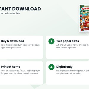 May include: A digital coloring book titled My Christmas Countdown featuring a cartoon reindeer, gifts, and holiday decorations. The graphic includes instructions for instant download, A4 and US Letter paper sizes, and home printing.