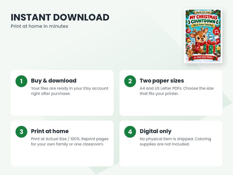 May include: A digital coloring book titled My Christmas Countdown featuring a cartoon reindeer, gifts, and holiday decorations. The graphic includes instructions for instant download, A4 and US Letter paper sizes, and home printing.