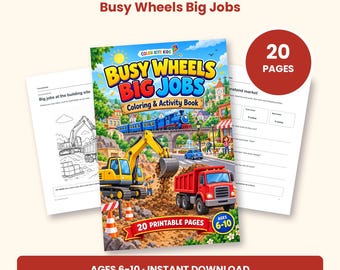 Peut inclure: Un livre de coloriage et d'activités imprimable de 20 pages intitulé Busy Wheels Big Jobs par ColorKiteKids. La couverture montre une pelleteuse jaune, un camion-benne rouge et un train bleu. Pour les enfants de 6 à 10 ans.