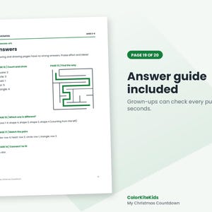 May include: A white page titled Answers from ColorKiteKids for ages 3-6, featuring text and a maze graphic. It lists solutions for counting shapes, finding differences, matching pairs, and connecting numbers, with a green header stating Page 19 of 20.
