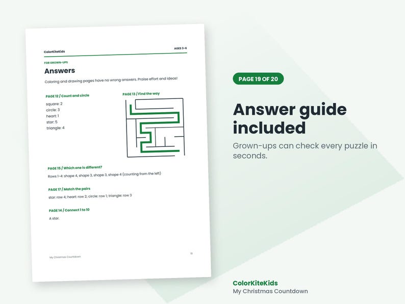 May include: A white page titled Answers from ColorKiteKids for ages 3-6, featuring text and a maze graphic. It lists solutions for counting shapes, finding differences, matching pairs, and connecting numbers, with a green header stating Page 19 of 20.