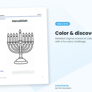 May include: A white coloring page featuring a black line drawing of a Hanukkiah with nine lit candles. The text reads Hanukkiah at the top and includes a dotted outline of the word HANUKKIAH at the bottom for tracing practice.